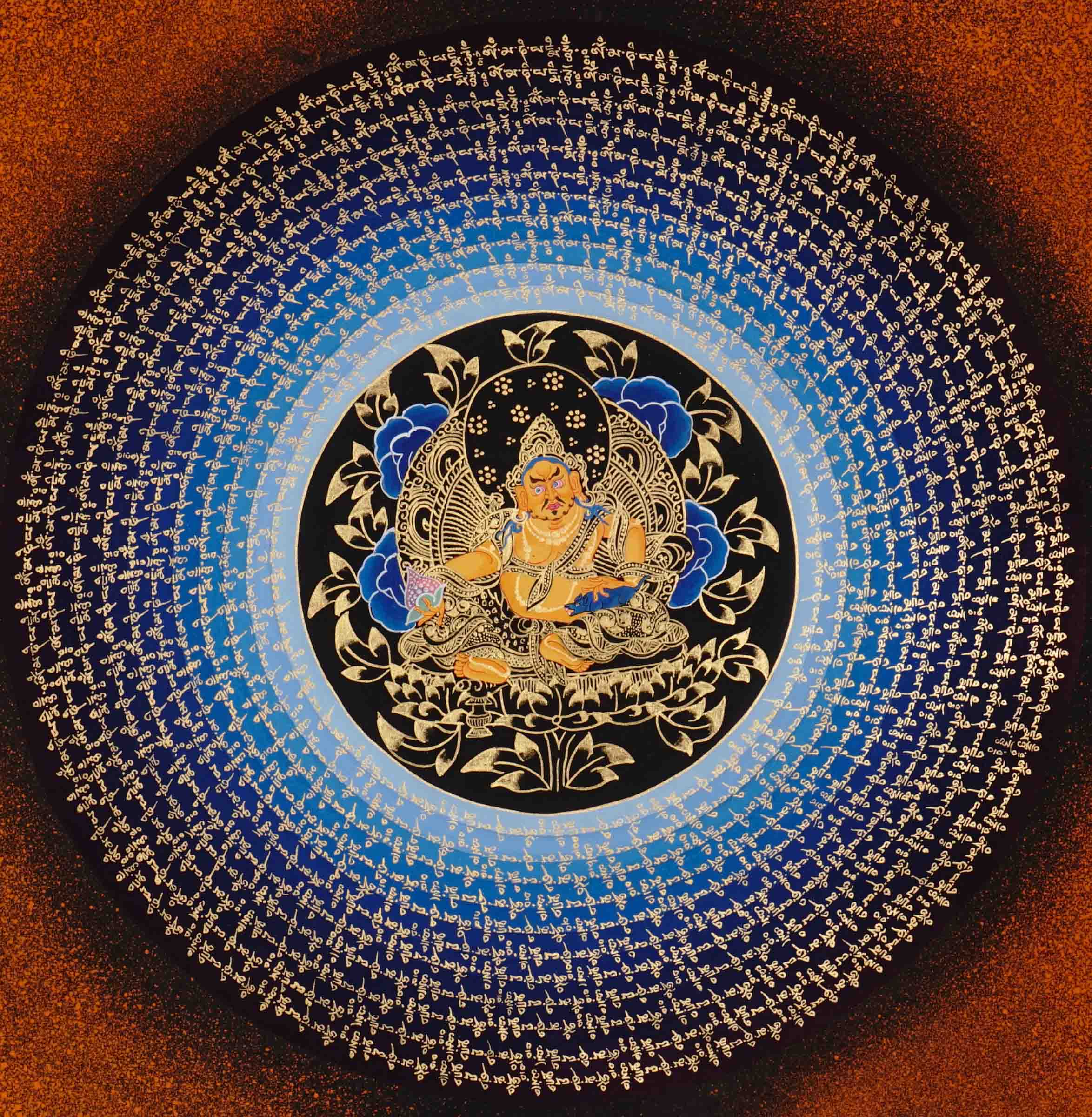 Zambhala Mantra Mandala Thangka with Tibetan script and blue background from Nepal