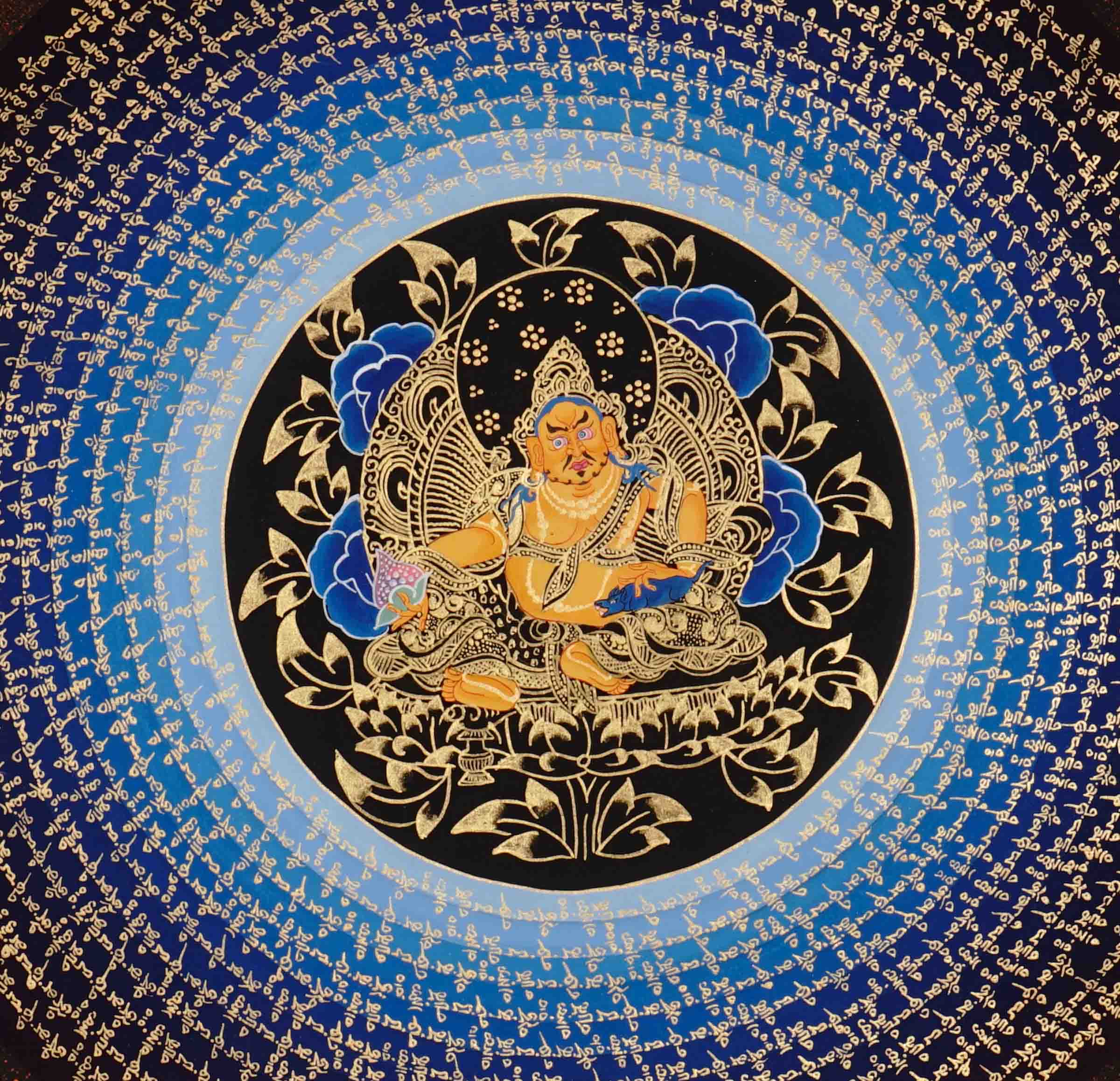 Zambhala Mantra Mandala Thangka with Tibetan script and blue background from Nepal