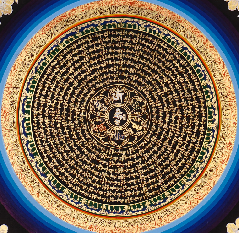 Om mantra mandala thangka painting with Tibetan sacred script