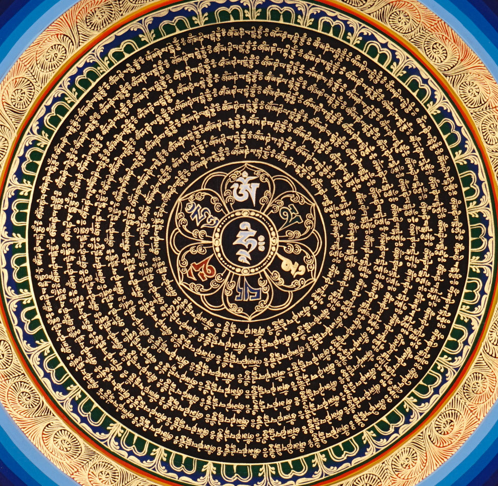 Om mantra mandala thangka painting with Tibetan sacred script