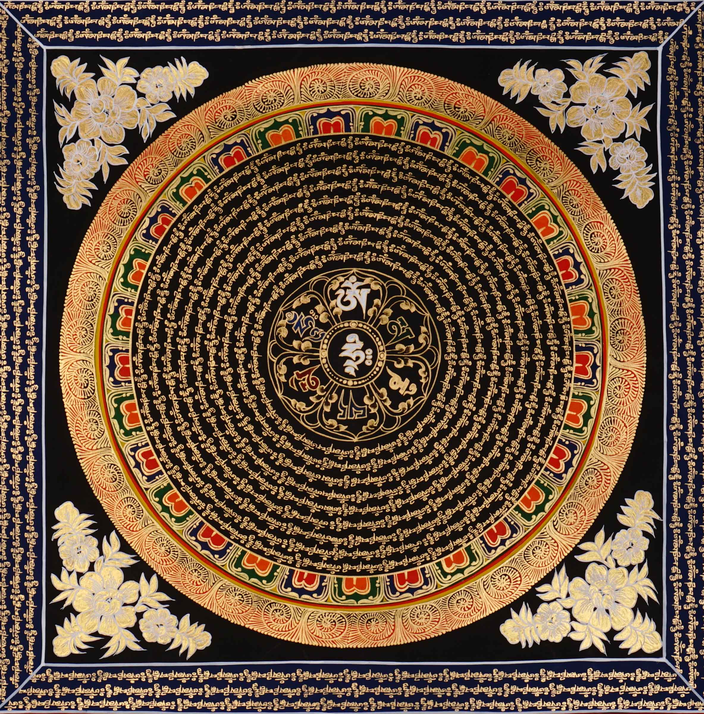Om mantra mandala thangka painting with Tibetan sacred mantra script