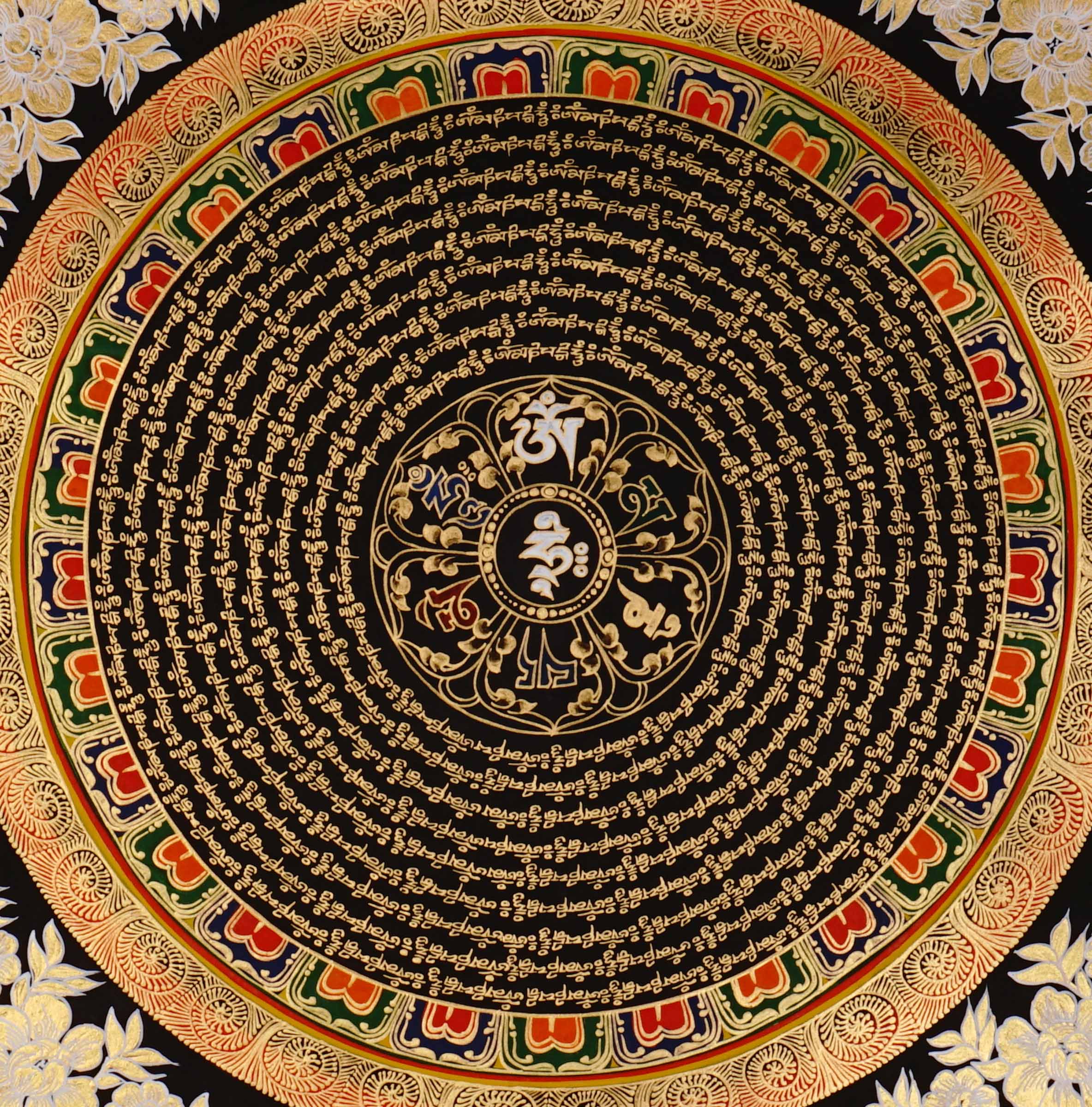 Om mantra mandala thangka painting with Tibetan sacred mantra script