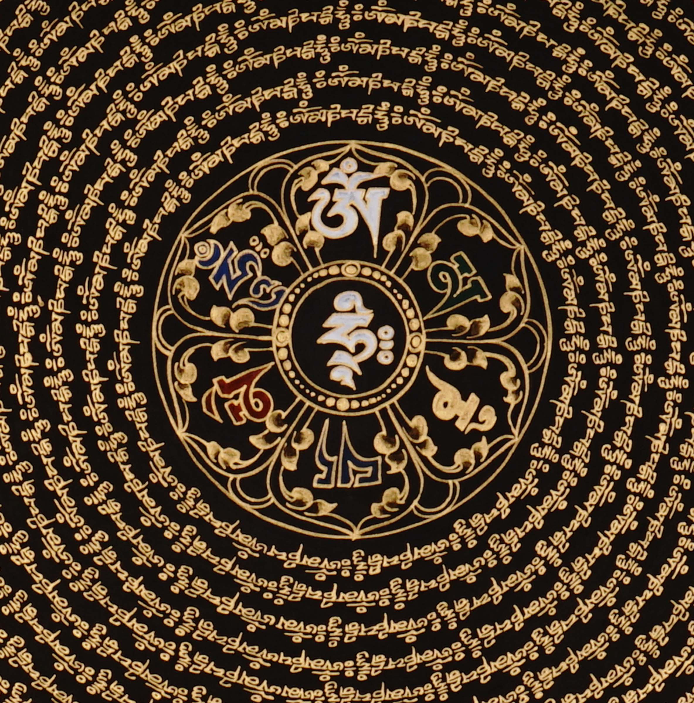 Om mantra mandala thangka painting with Tibetan sacred mantra script