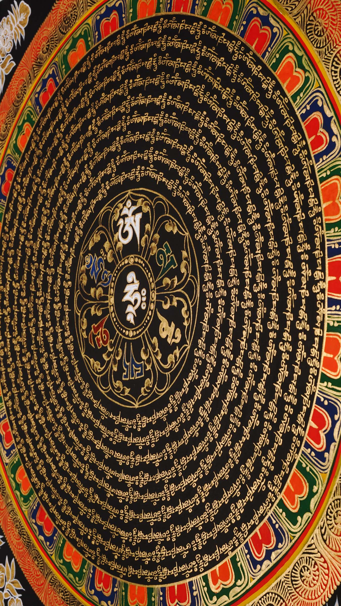 Om mantra mandala thangka painting with Tibetan sacred mantra script