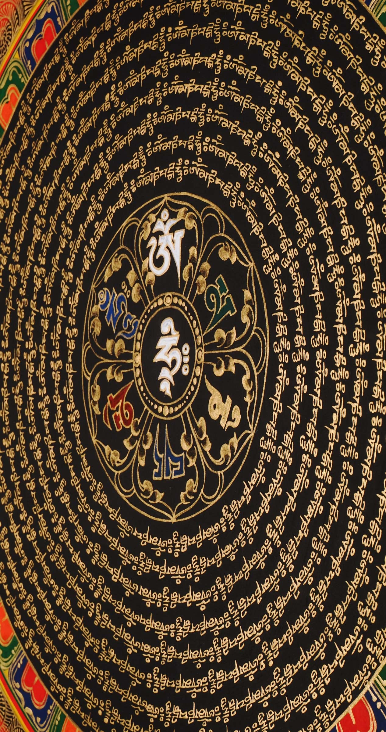Om mantra mandala thangka painting with Tibetan sacred mantra script