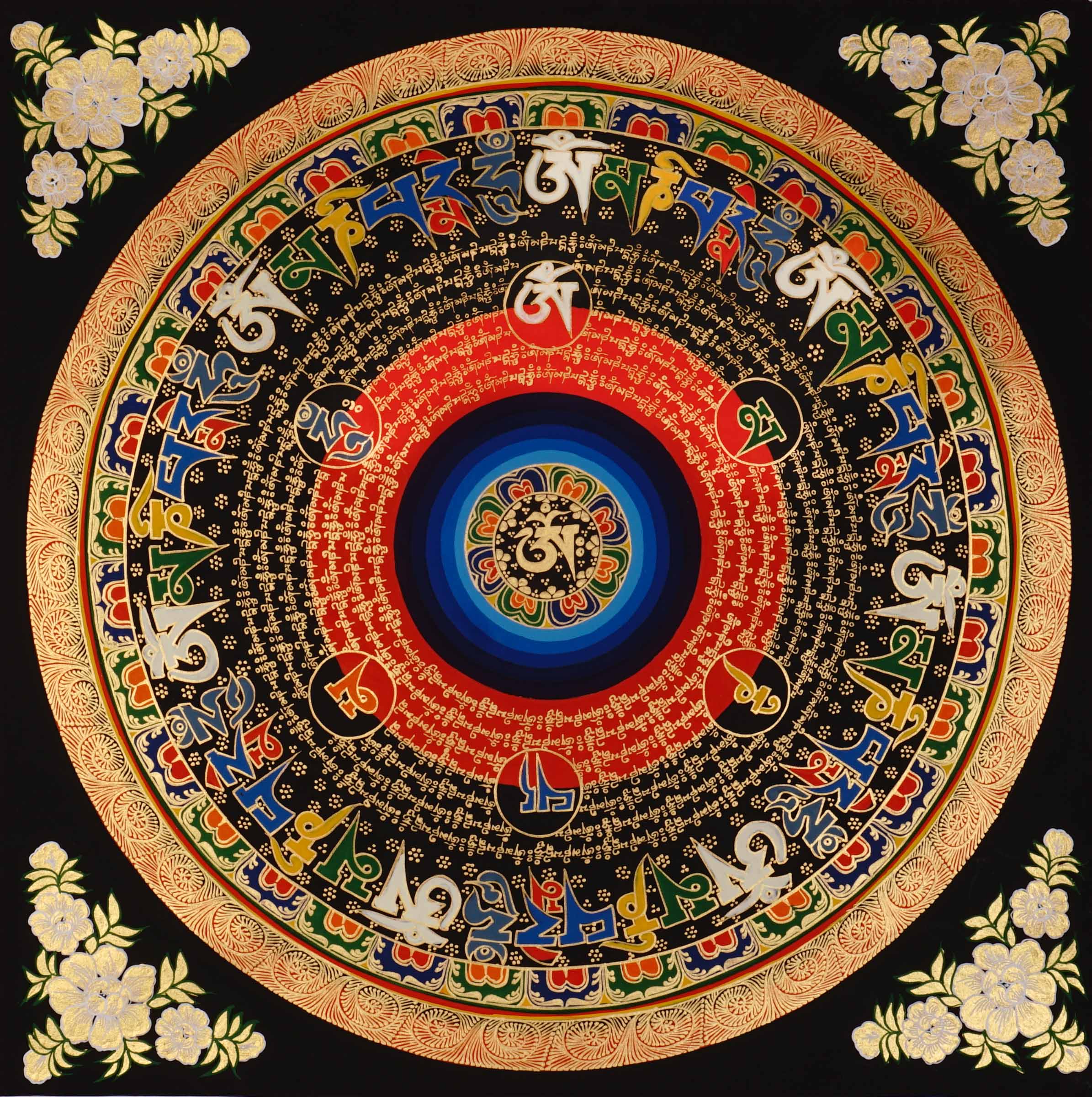Om mantra mandala thangka painting Tibetan sacred mantra artwork