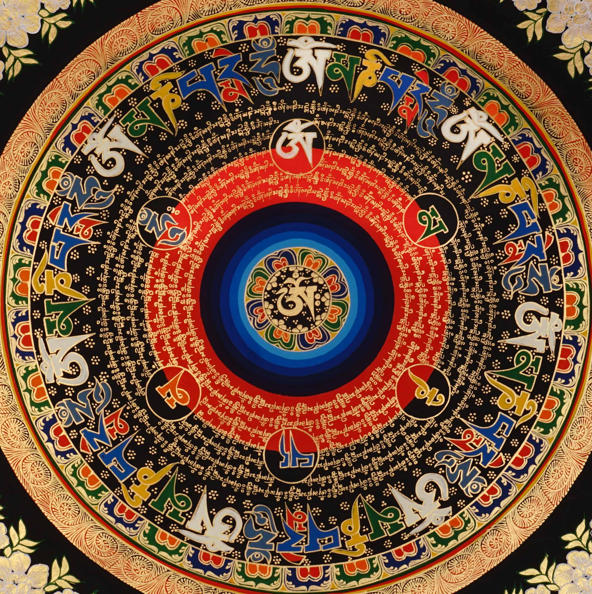 Om mantra mandala thangka painting Tibetan sacred mantra artwork