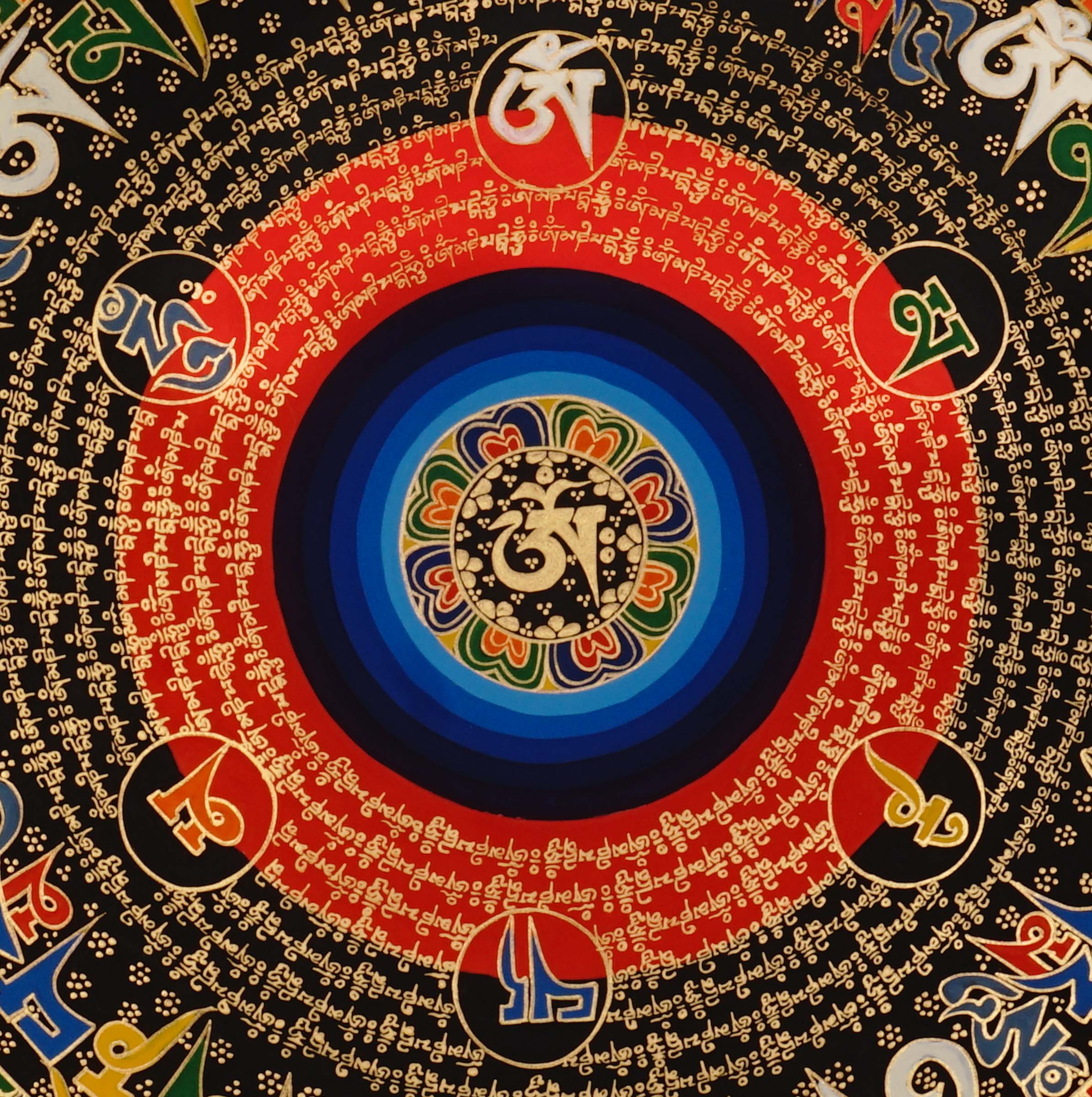 Om mantra mandala thangka painting Tibetan sacred mantra artwork