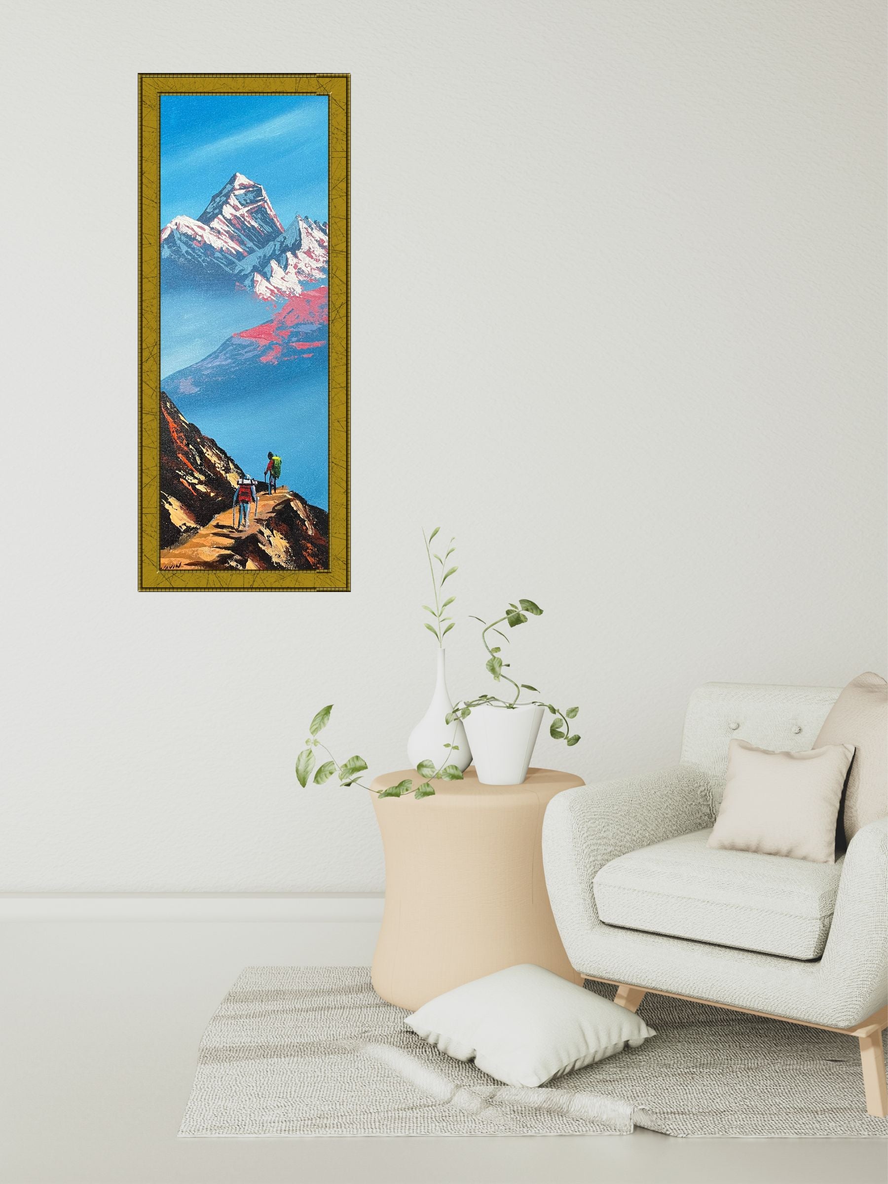 Hand-Painted Oil Painting of Mt Everest with Trekkers