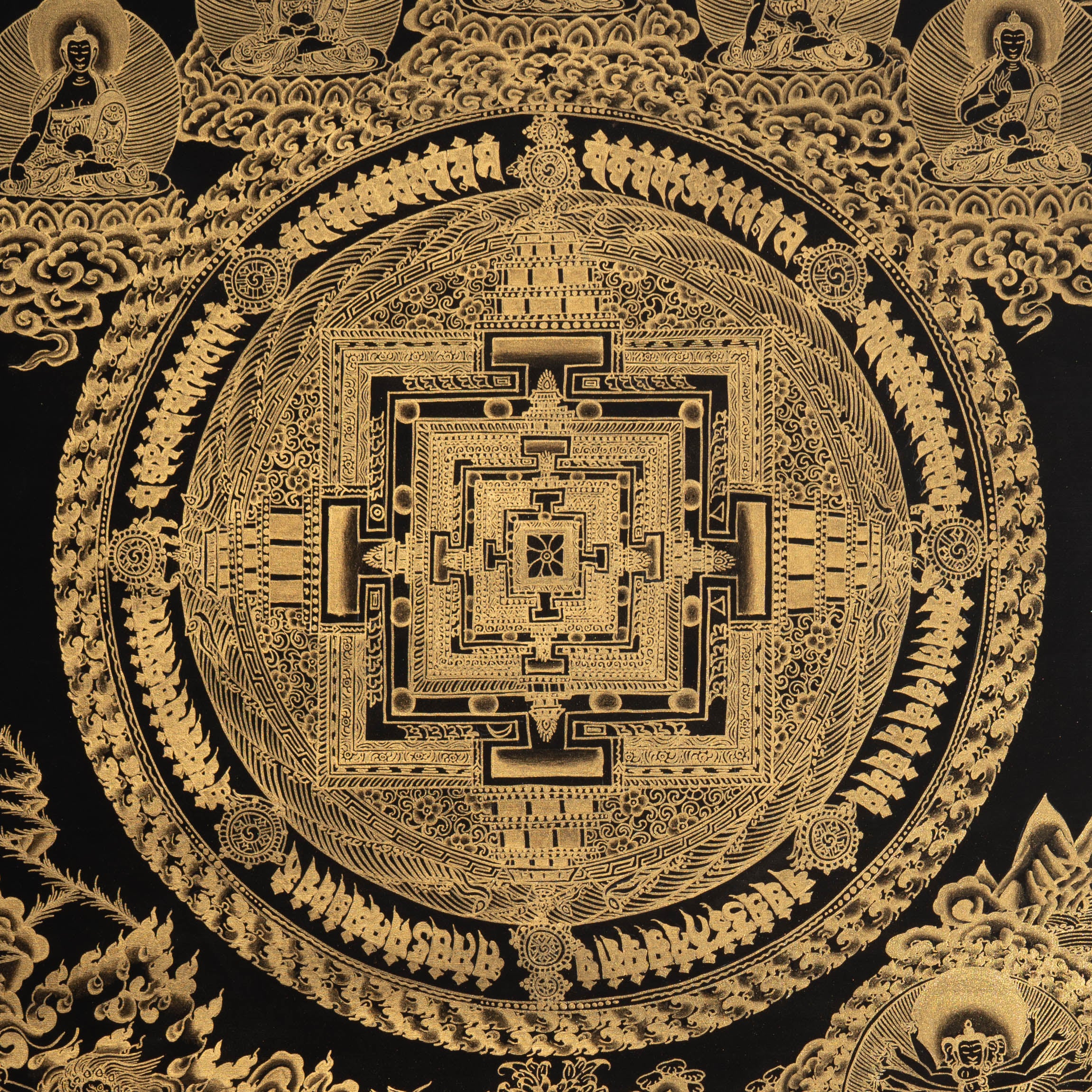 Kalachakra Mandala Thangka with 5 Wisdom Buddha - Sacred Tibetan Painting