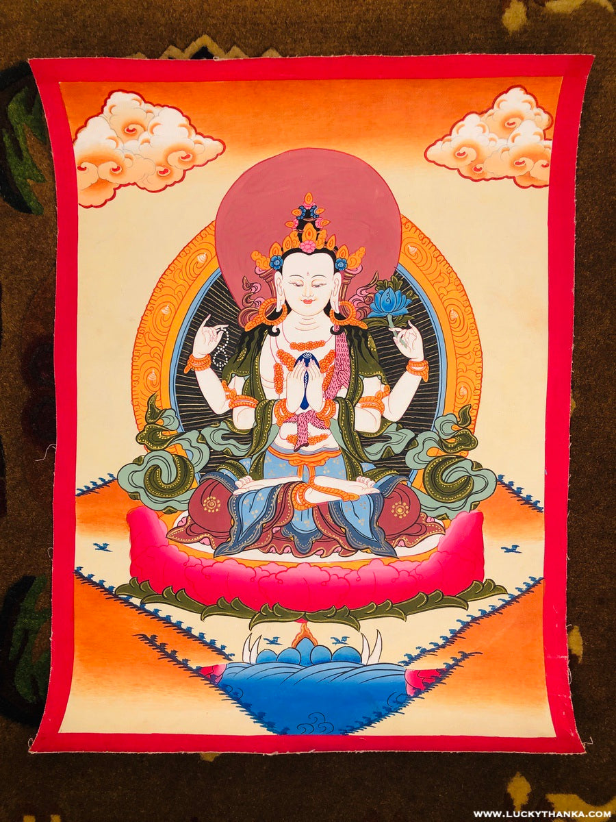 Beautiful Chenrezig Thangka Hand Painting - Lucky Thanka