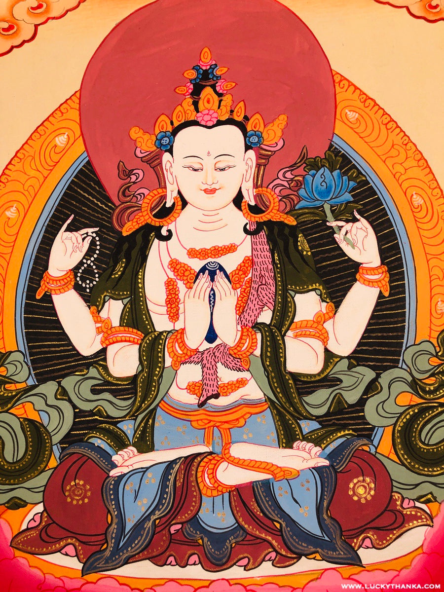 Beautiful Chenrezig Thangka Hand Painting - Lucky Thanka