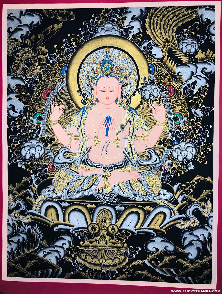 Gold and Silver Thangka of 4 arm Chenrezig | Master Pcs - Lucky Thanka