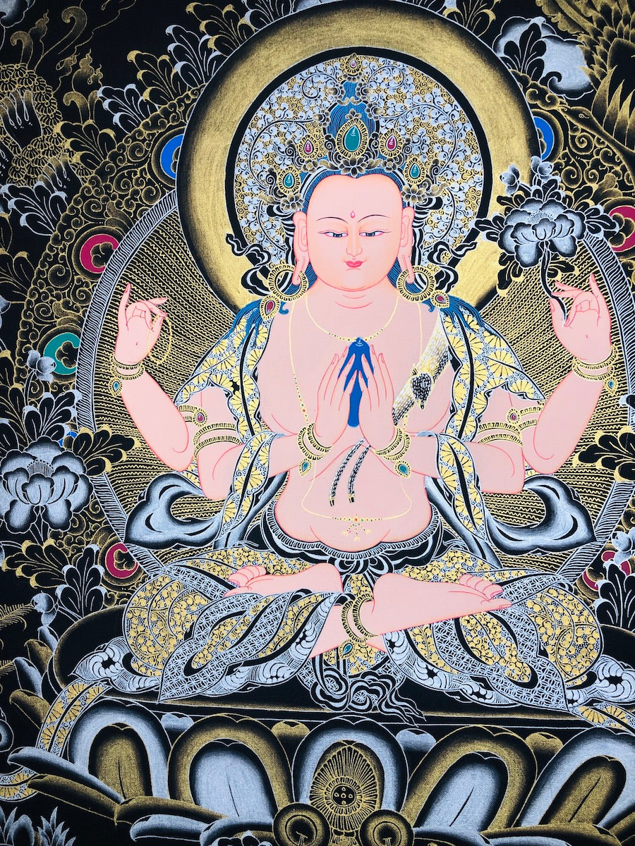 Gold and Silver Thangka of 4 arm Chenrezig | Master Pcs - Lucky Thanka