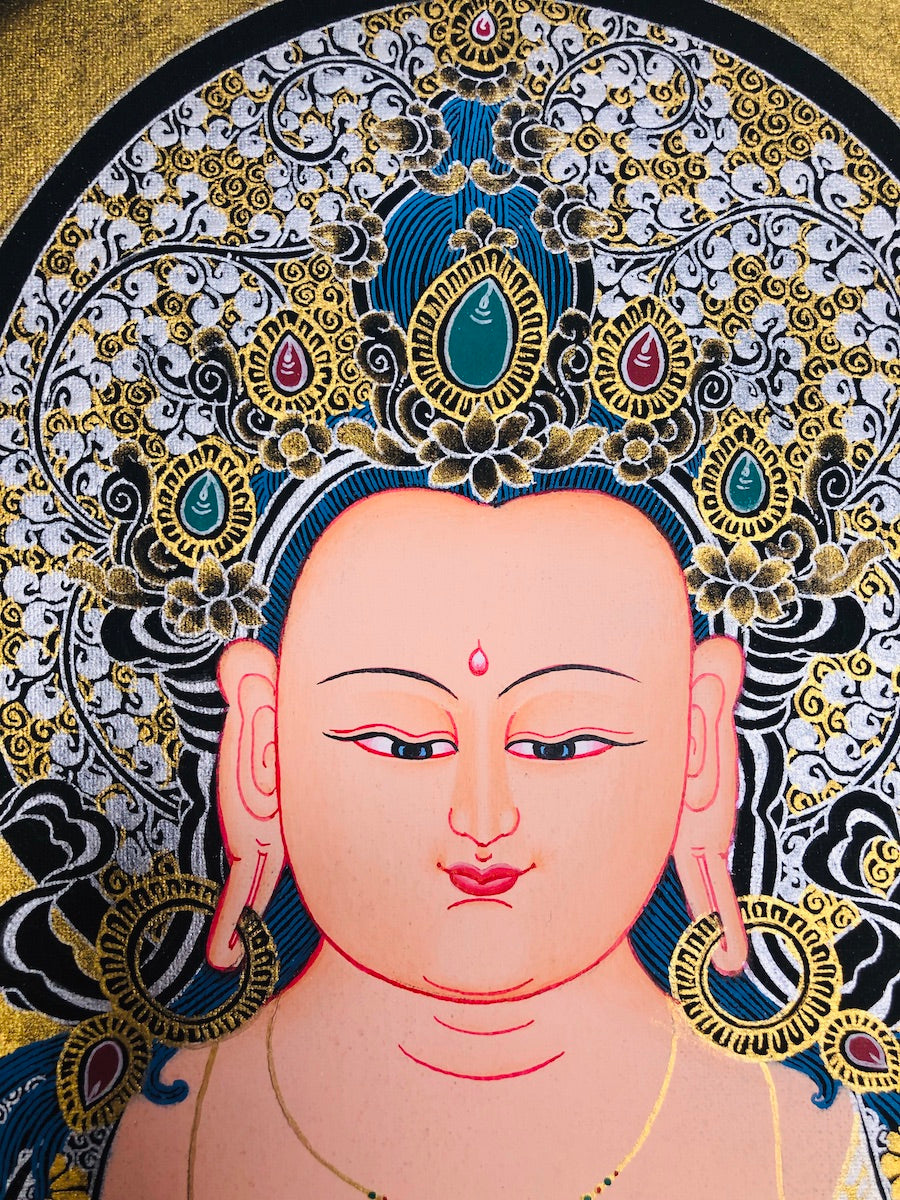 Gold and Silver Thangka of 4 arm Chenrezig | Master Pcs - Lucky Thanka