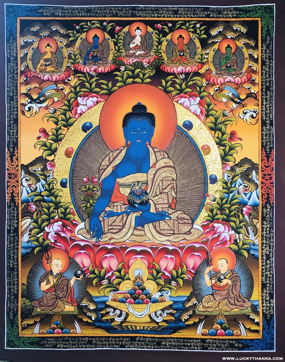 The Blue Buddha of Healing- Medicine Buddha Thangka - Lucky Thanka