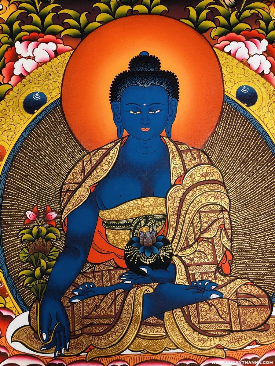 The Blue Buddha of Healing- Medicine Buddha Thangka - Lucky Thanka