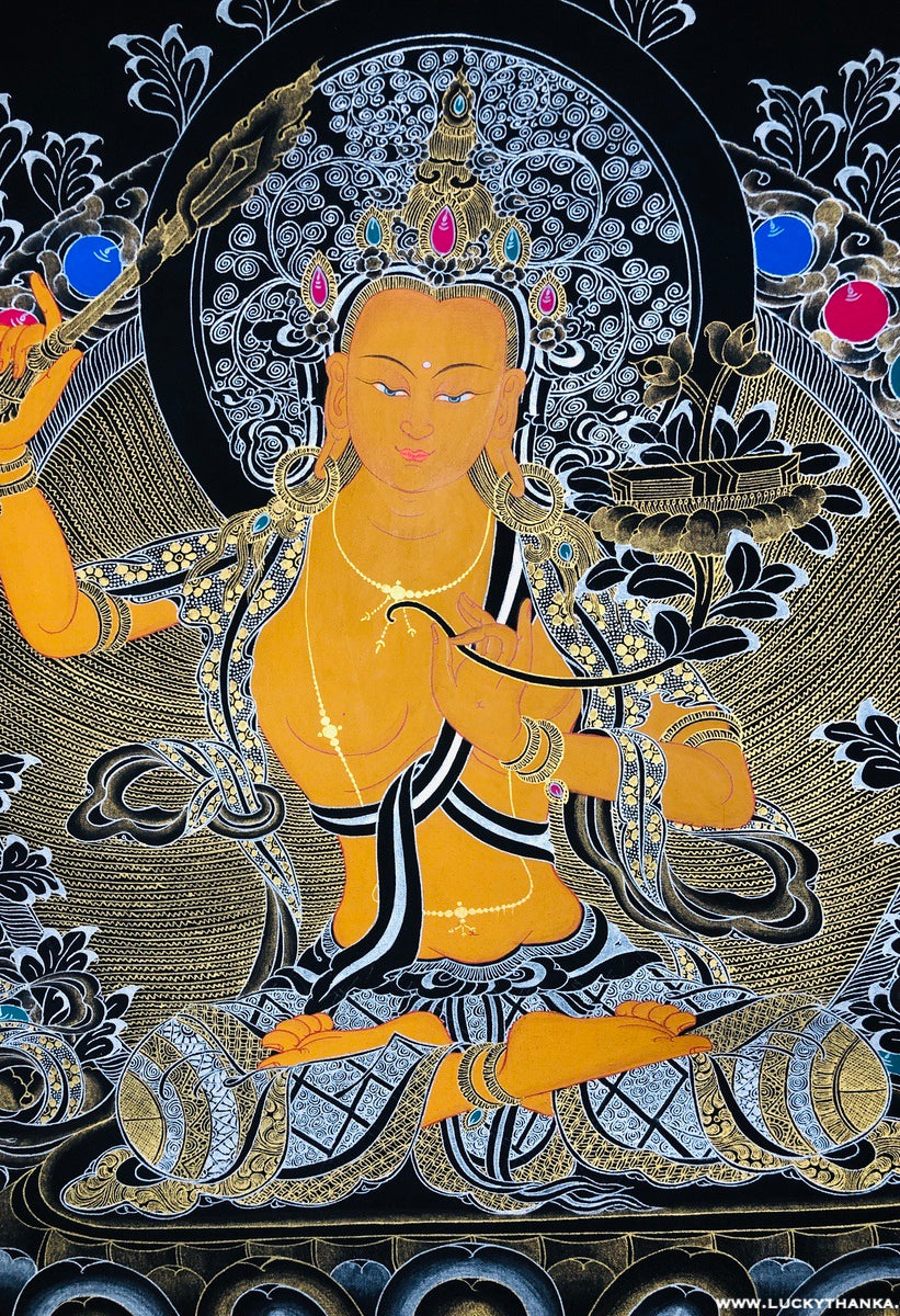 Black and Silver Thangka Painting of Manjushri - Lucky Thanka