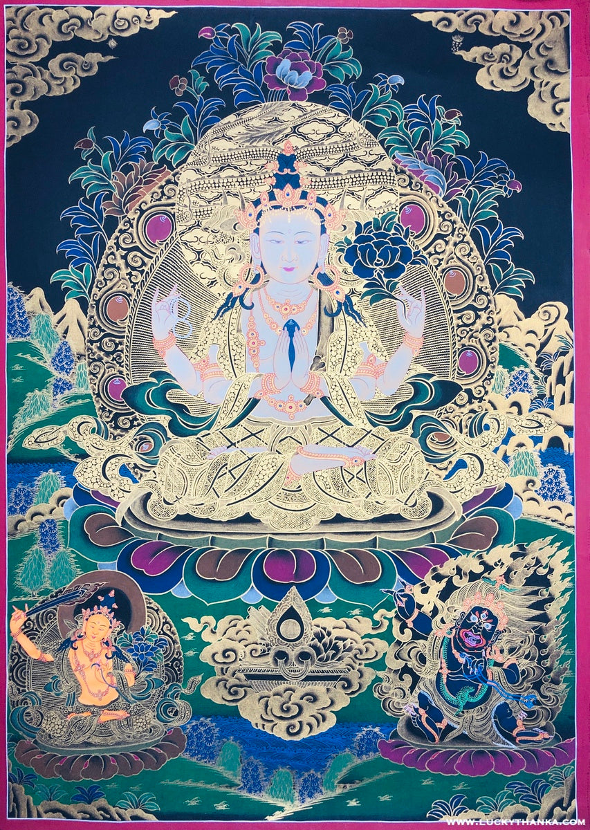Black and Gold Thangka of Compassionate 4 armed Chenrezig - Lucky Thanka
