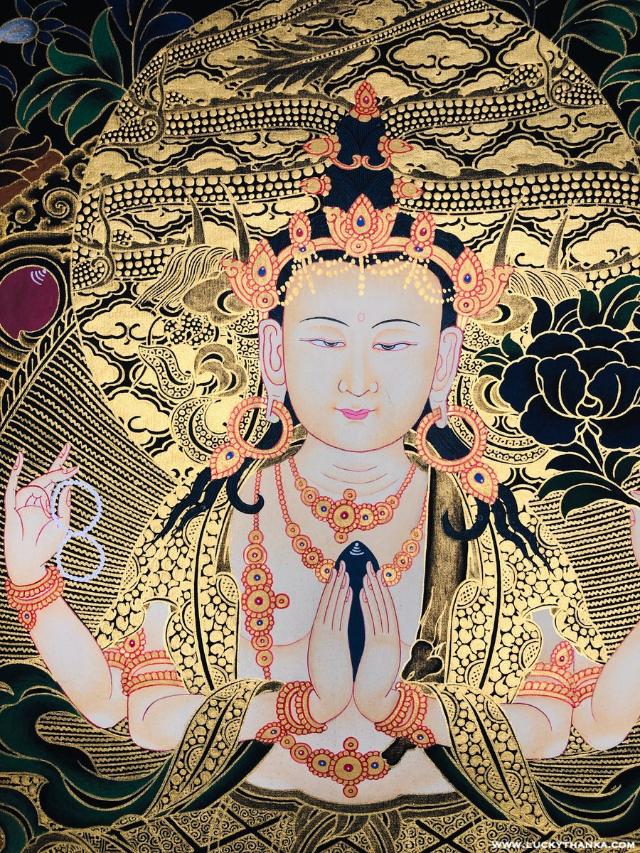 Black and Gold Thangka of Compassionate 4 armed Chenrezig - Lucky Thanka