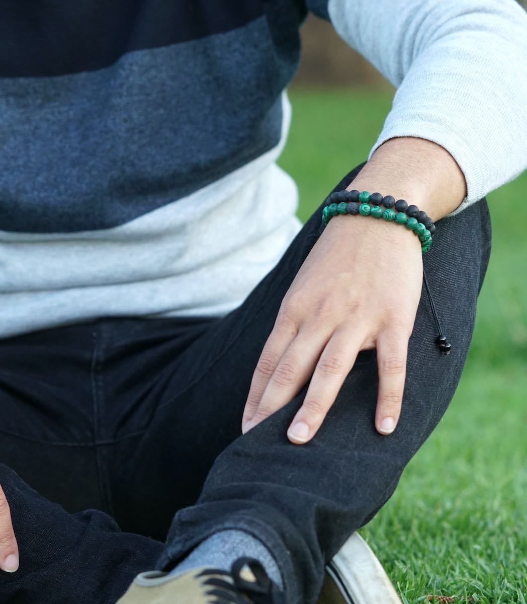 Lava Stone and Malachite Handmade Bracelet | Wrist Mala - Lucky Thanka