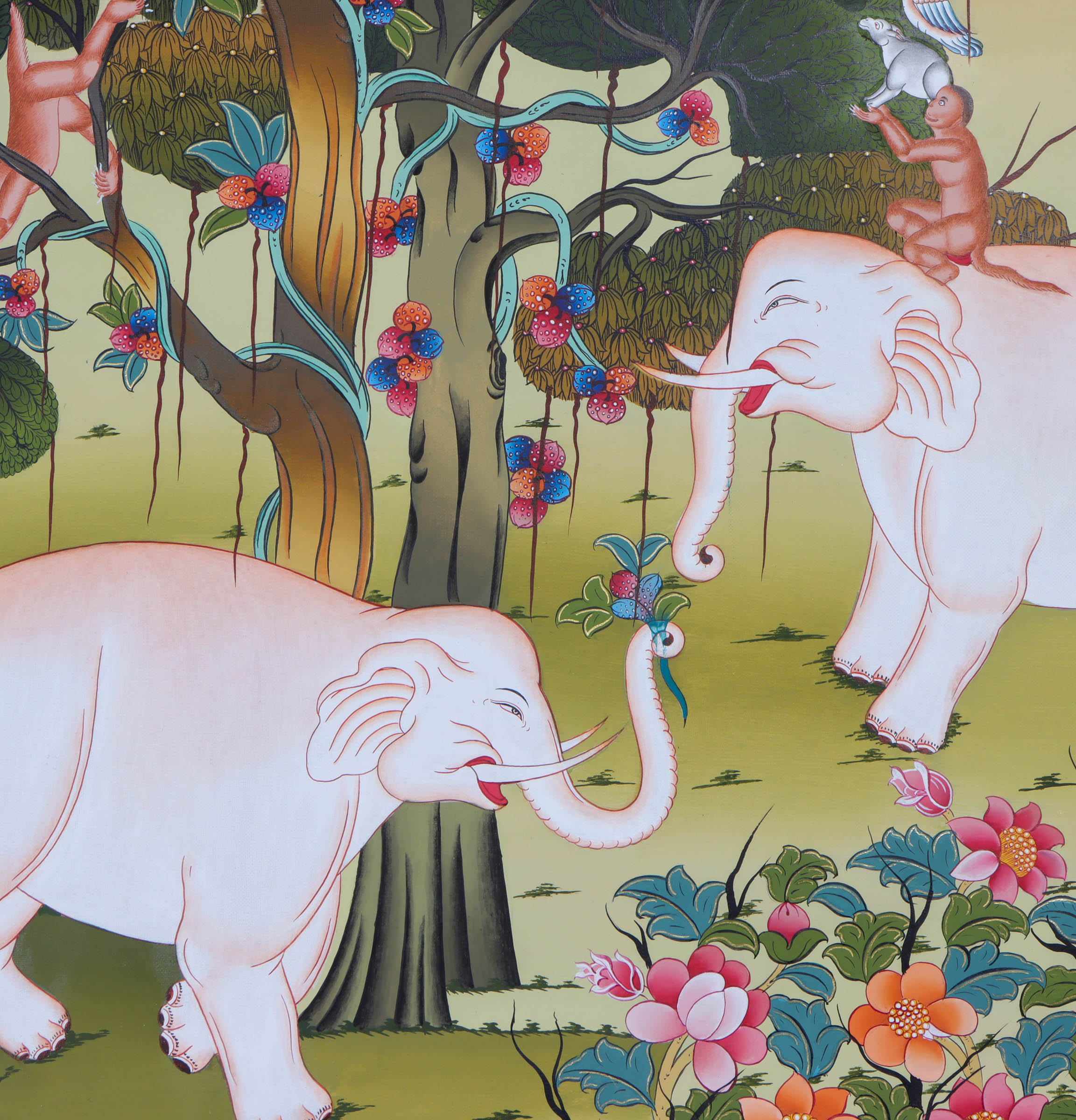 Four Harmonious Friends thangka - Handpainted thangka using natural stone color - Lucky Thanka