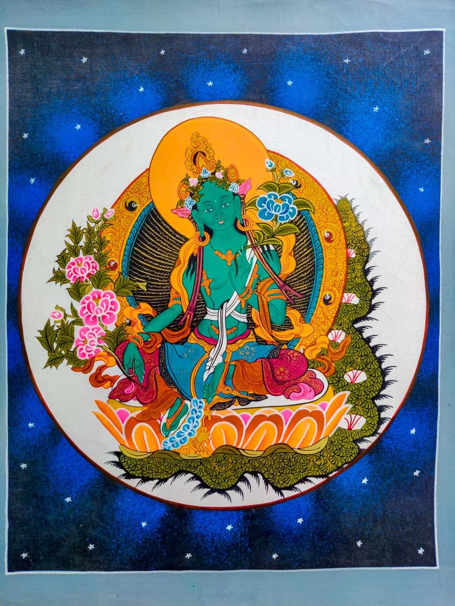 Green Tara in a lotus - Lucky Thanka
