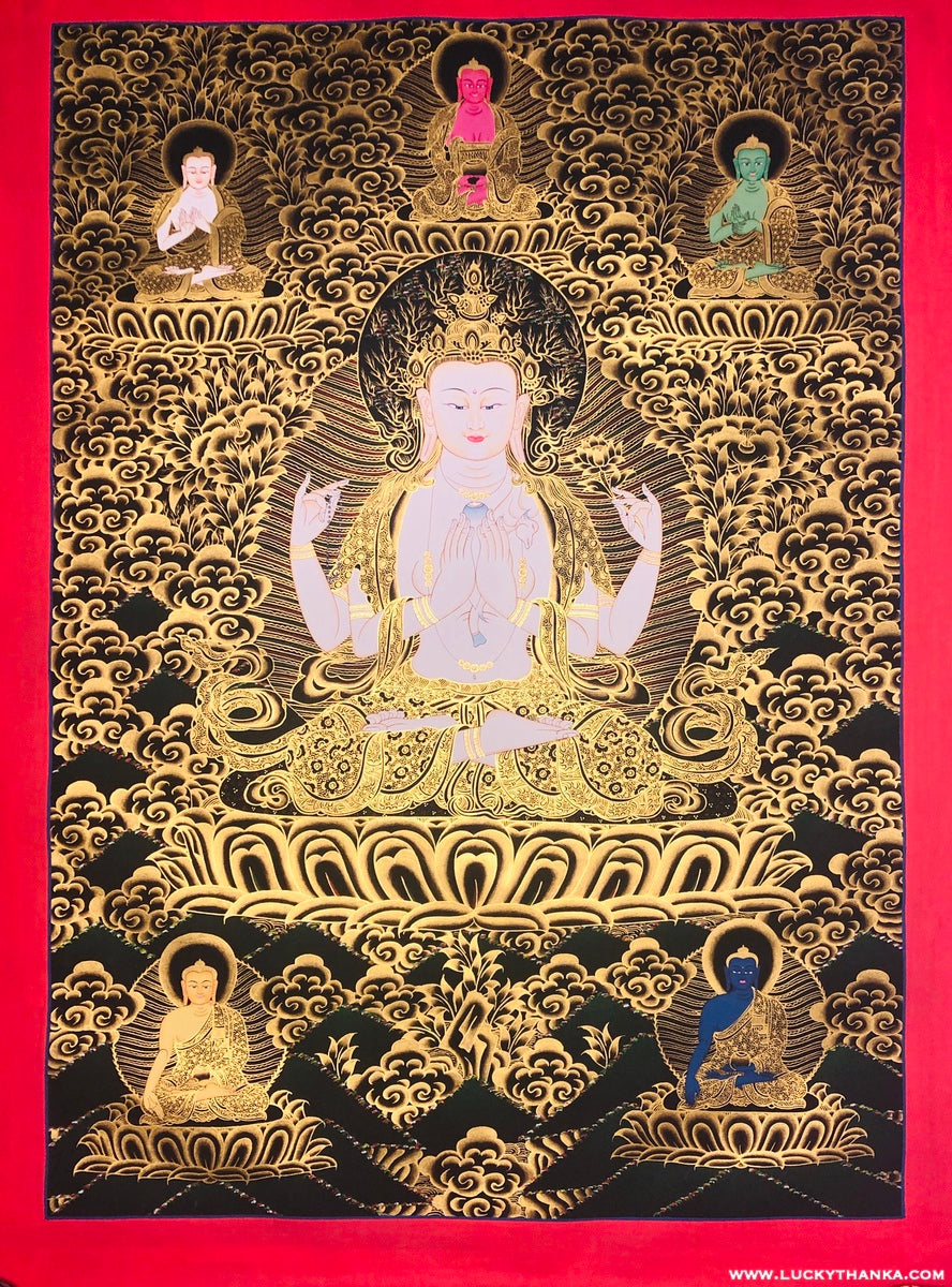 Chenrezig with 5 Dhyani Buddha Tibetan Thangka - Lucky Thanka