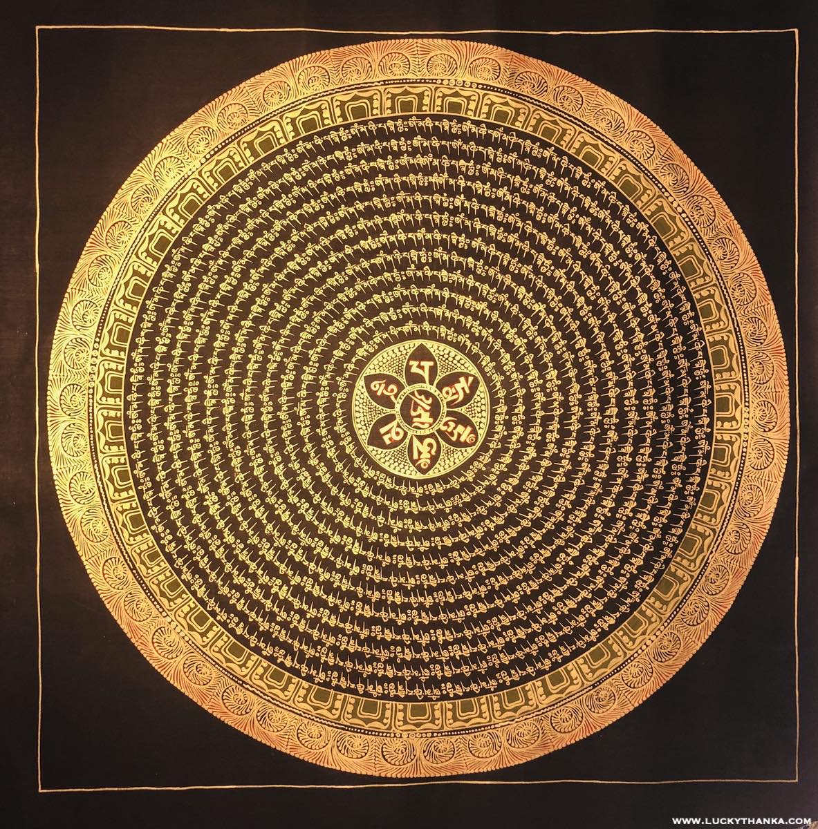 Black and Gold Mandala Thangka from Nepal - Lucky Thanka