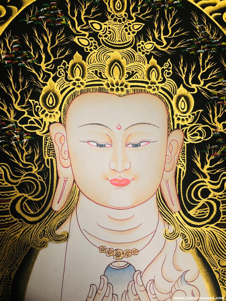 Chenrezig with 5 Dhyani Buddha Tibetan Thangka - Lucky Thanka