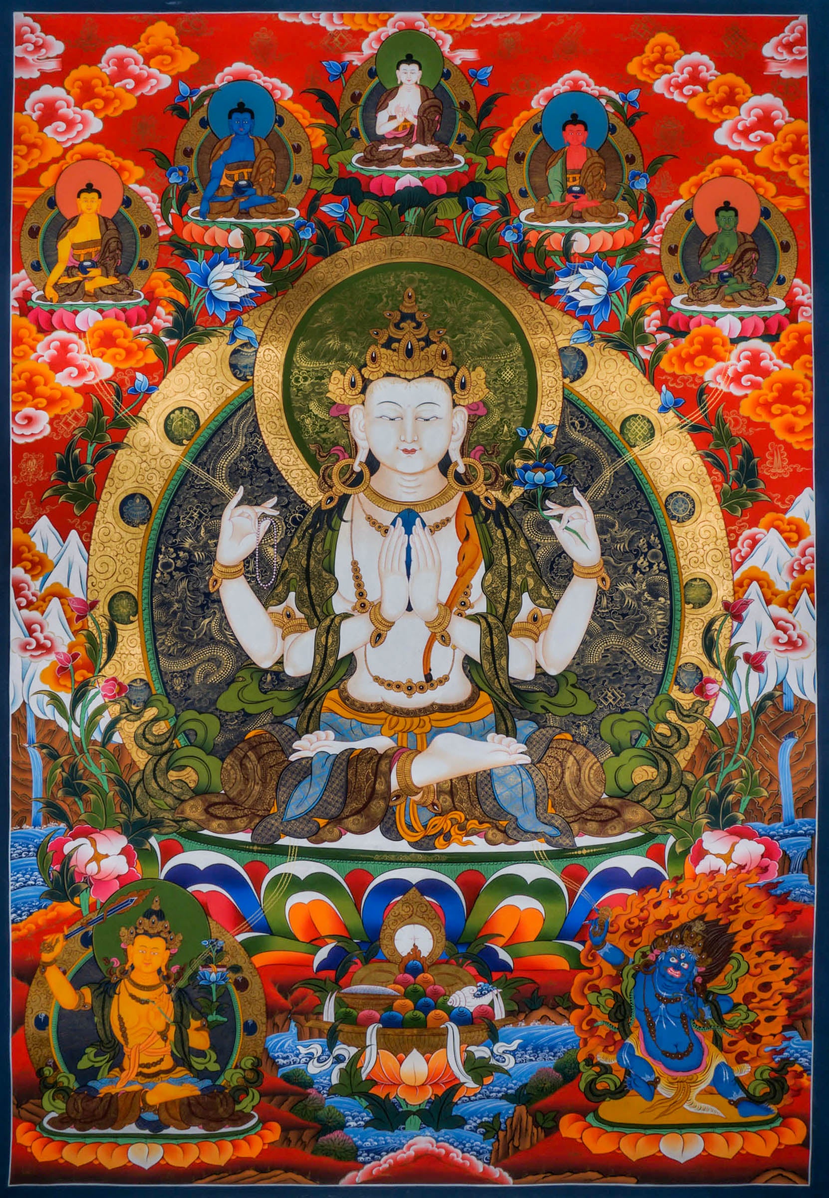 Chenrezig Tibetan Thangka Best handpainted thangka painting - LuckyThanka