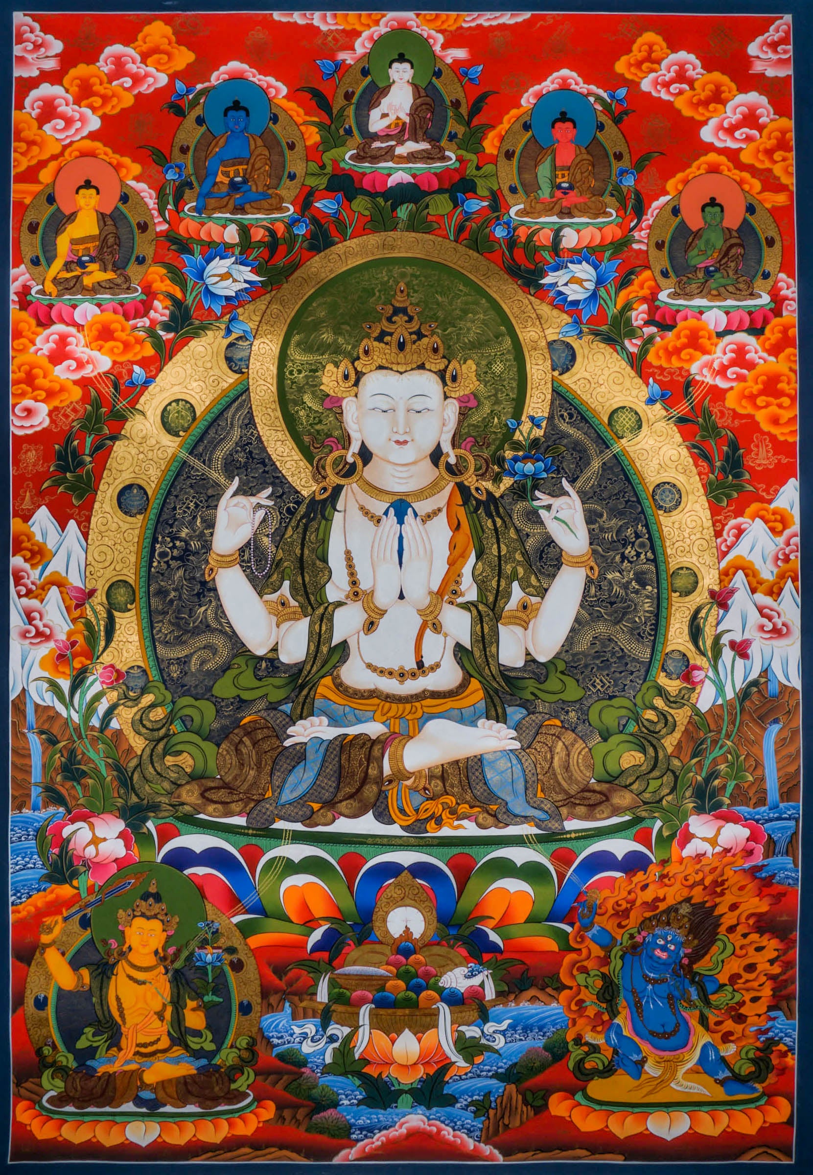Chenrezig Tibetan Thangka Best handpainted thangka painting - LuckyThanka 
