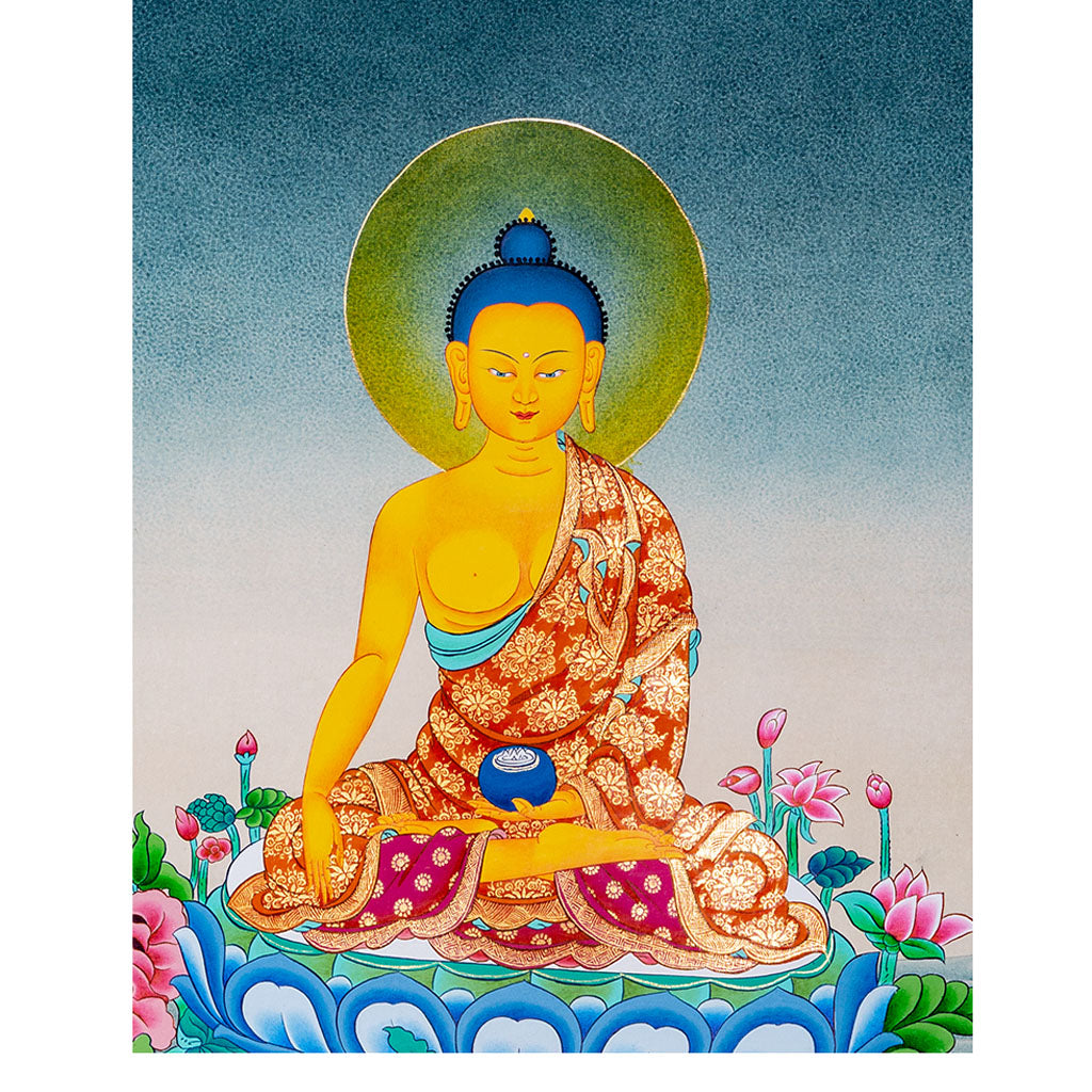 Shakyamuni Buddha seated on a lotus, Thangka painting from Himalaya - Lucky Thanka