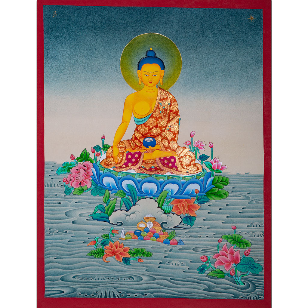 Shakyamuni Buddha seated on a lotus, Thangka painting from Himalaya - Lucky Thanka