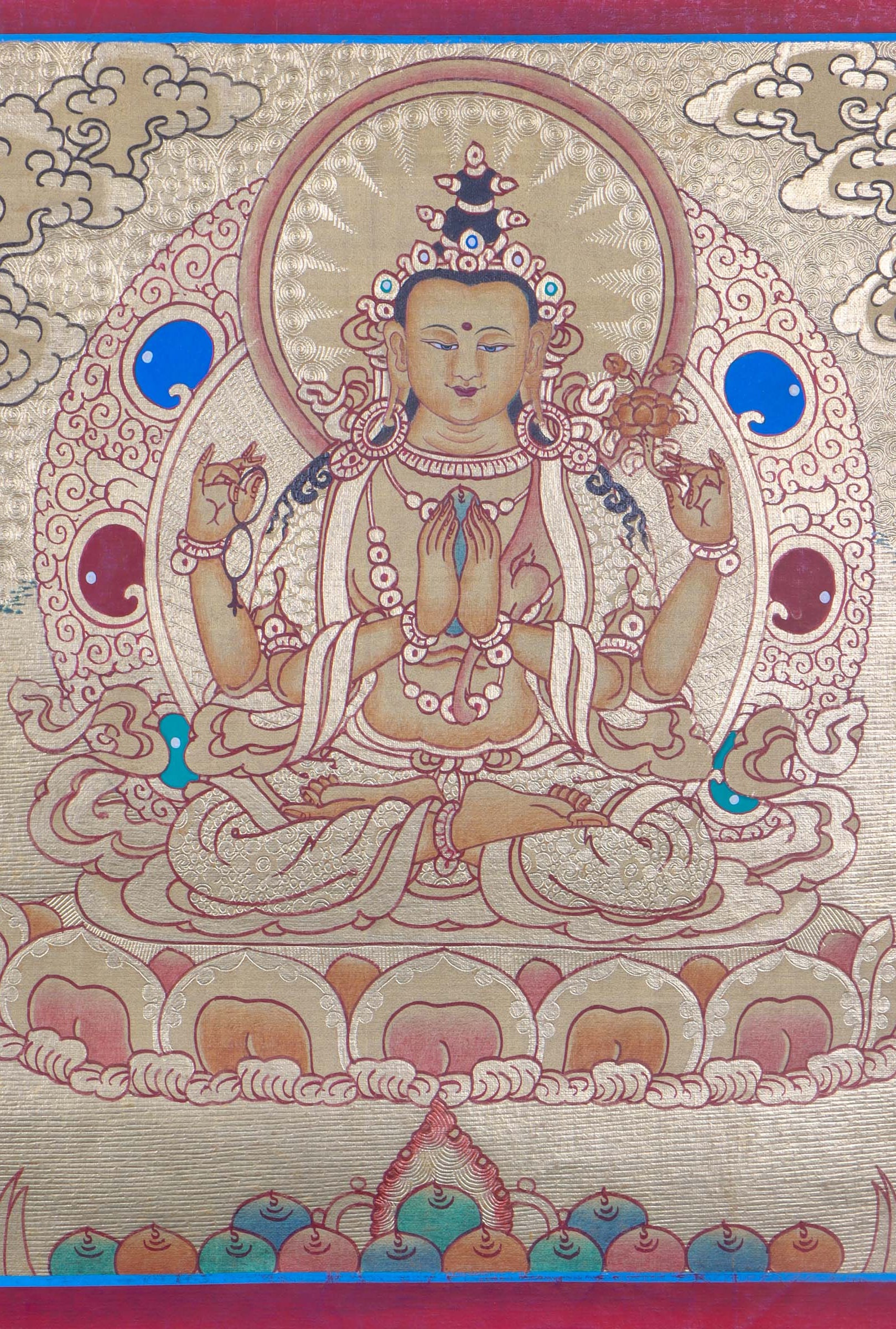 Golden Painting of 4 armed Chenrezig - Lucky Thanka