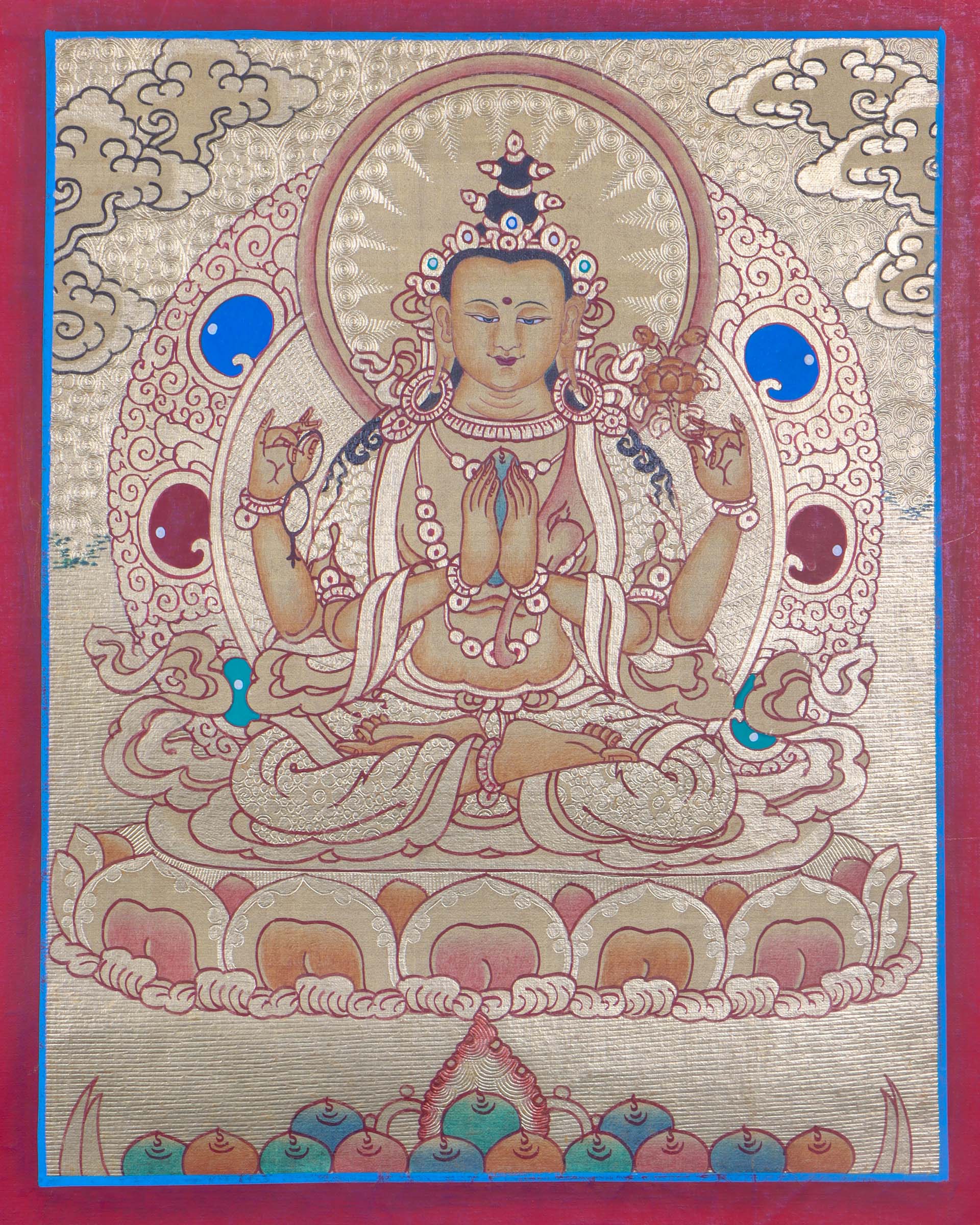 Golden Painting of 4 armed Chenrezig - Lucky Thanka