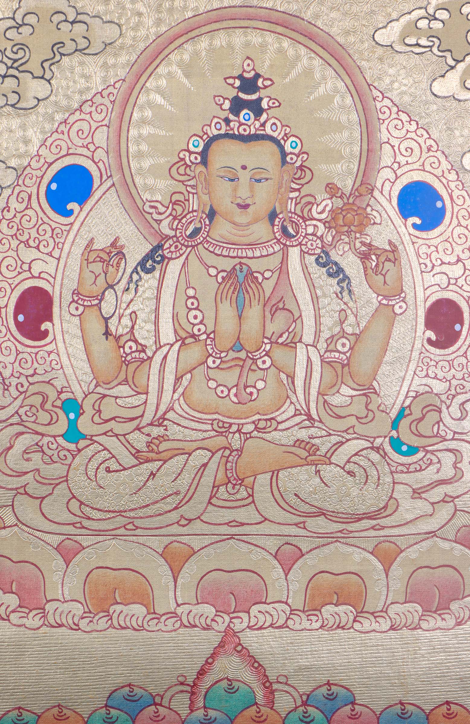 Golden Painting of 4 armed Chenrezig - Lucky Thanka