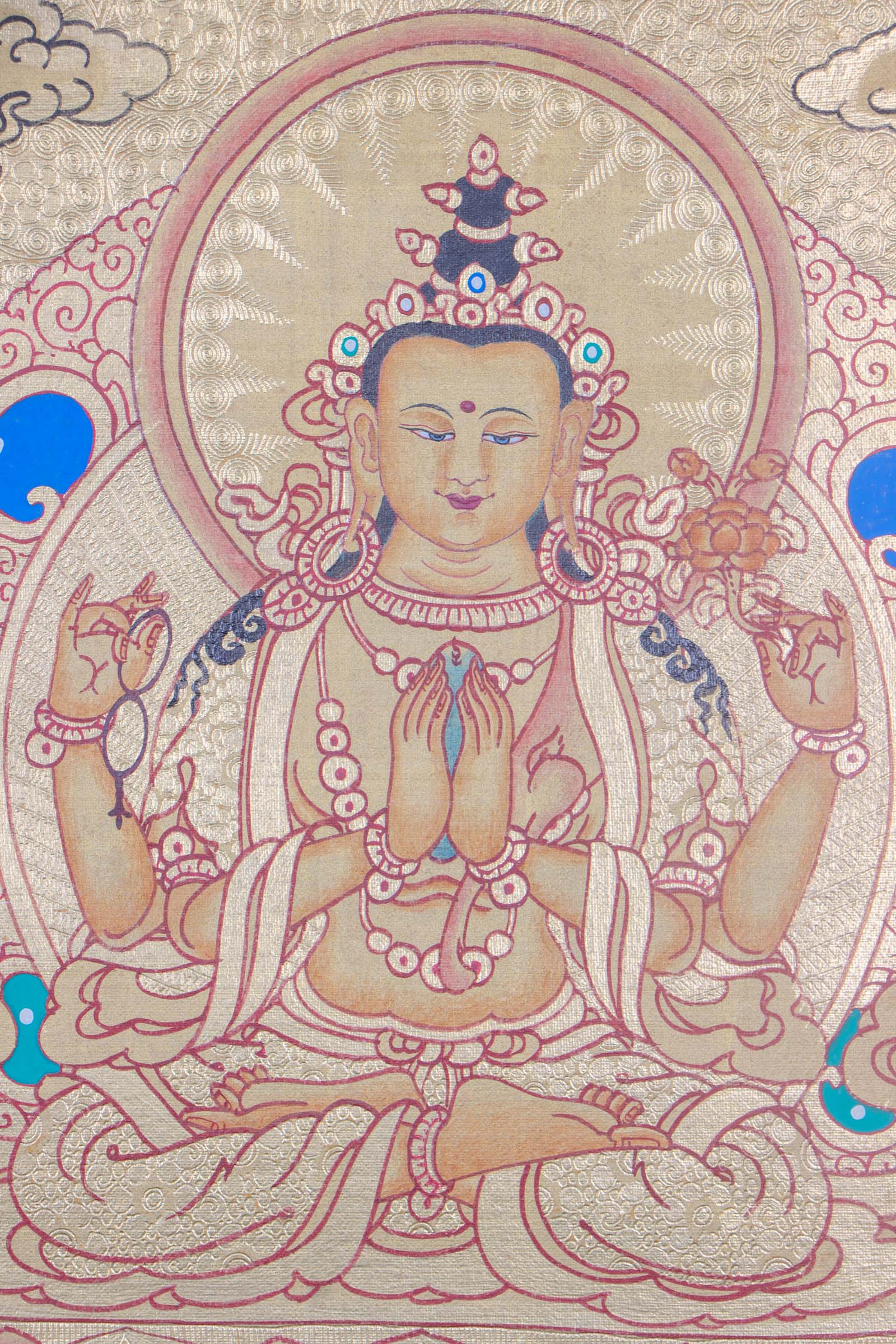 Golden Painting of 4 armed Chenrezig - Lucky Thanka