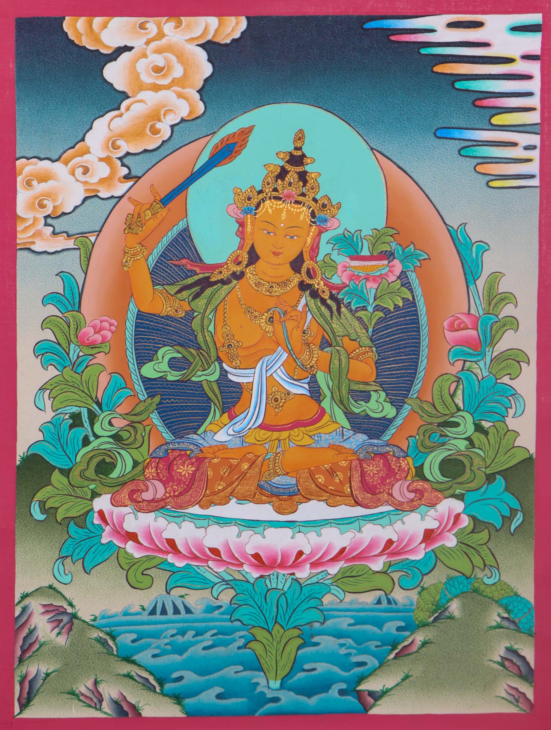 Manjushri holding Prajna Thangka Painting - Lucky Thanka