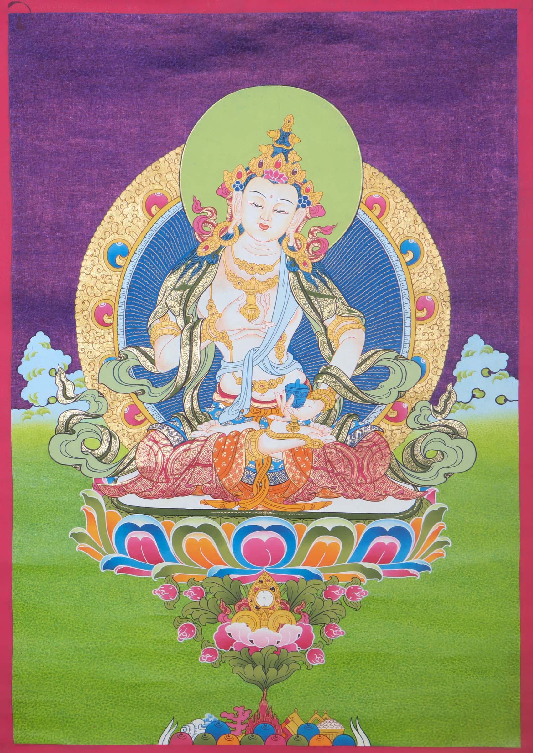Vajrasattva Thangka - a colorful painting featuring a peaceful deity with white skin and a gentle expression. Holding a vajra and a bell, he sits on a lotus flower, surrounded by intricate patterns and symbols. A powerful representation of purity and enlightenment in Tibetan Buddhism.