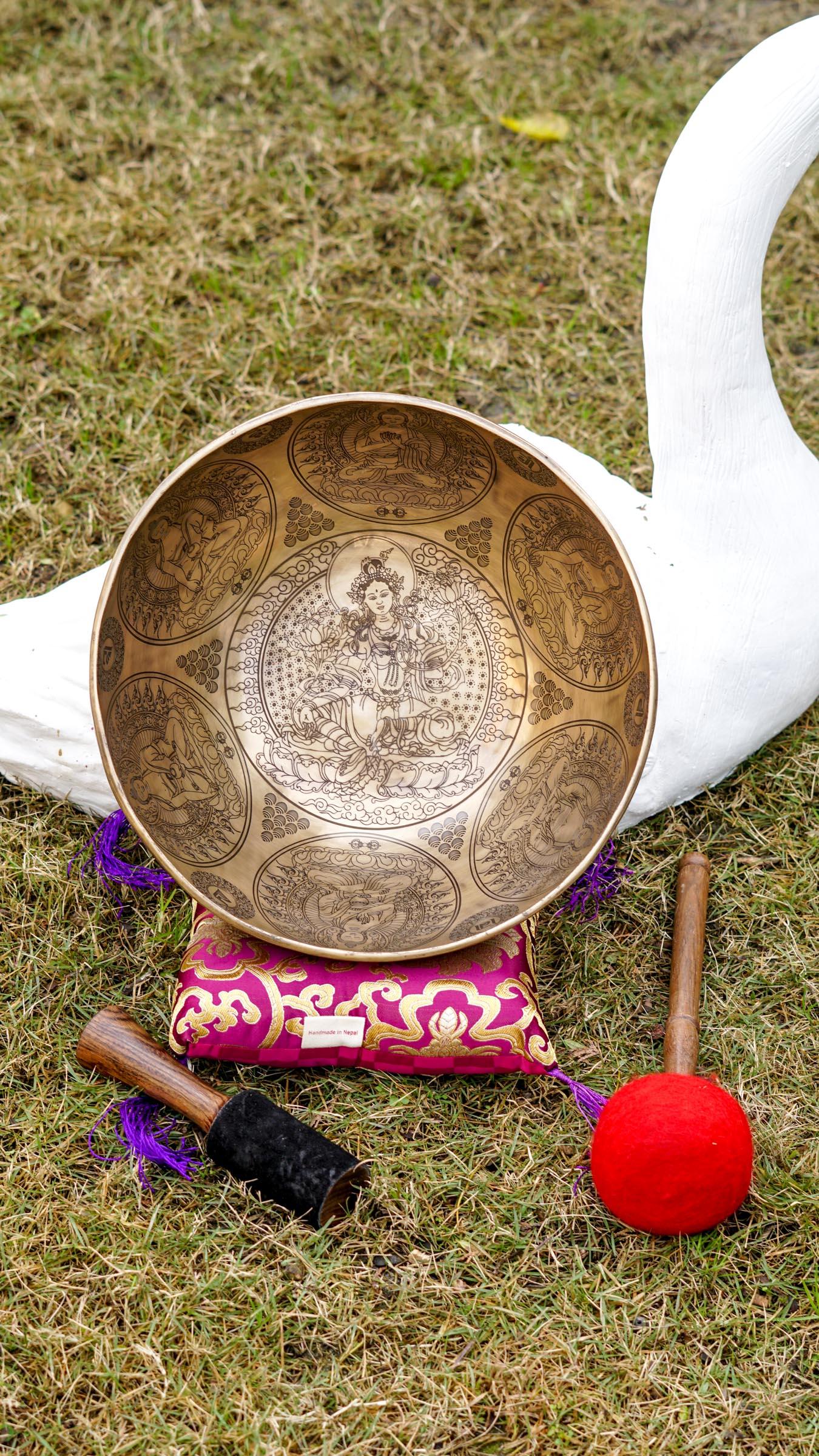 Green Tara Carved Singing Bowl - Handcrafted by skillful artisan - Lucky Thanka