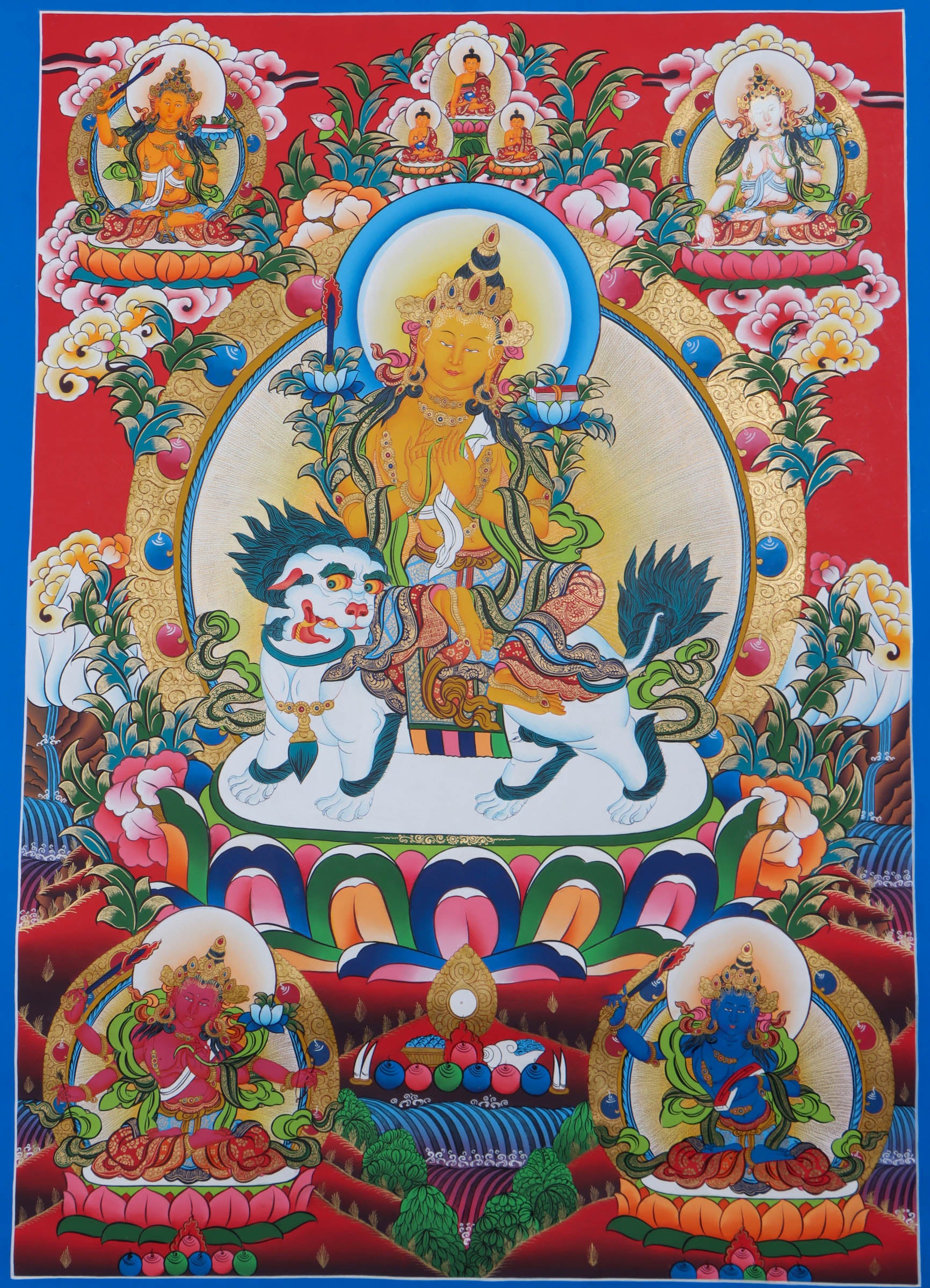 Singh Manjushri Thangka - Handpainted Thangka - Lucky Thanka