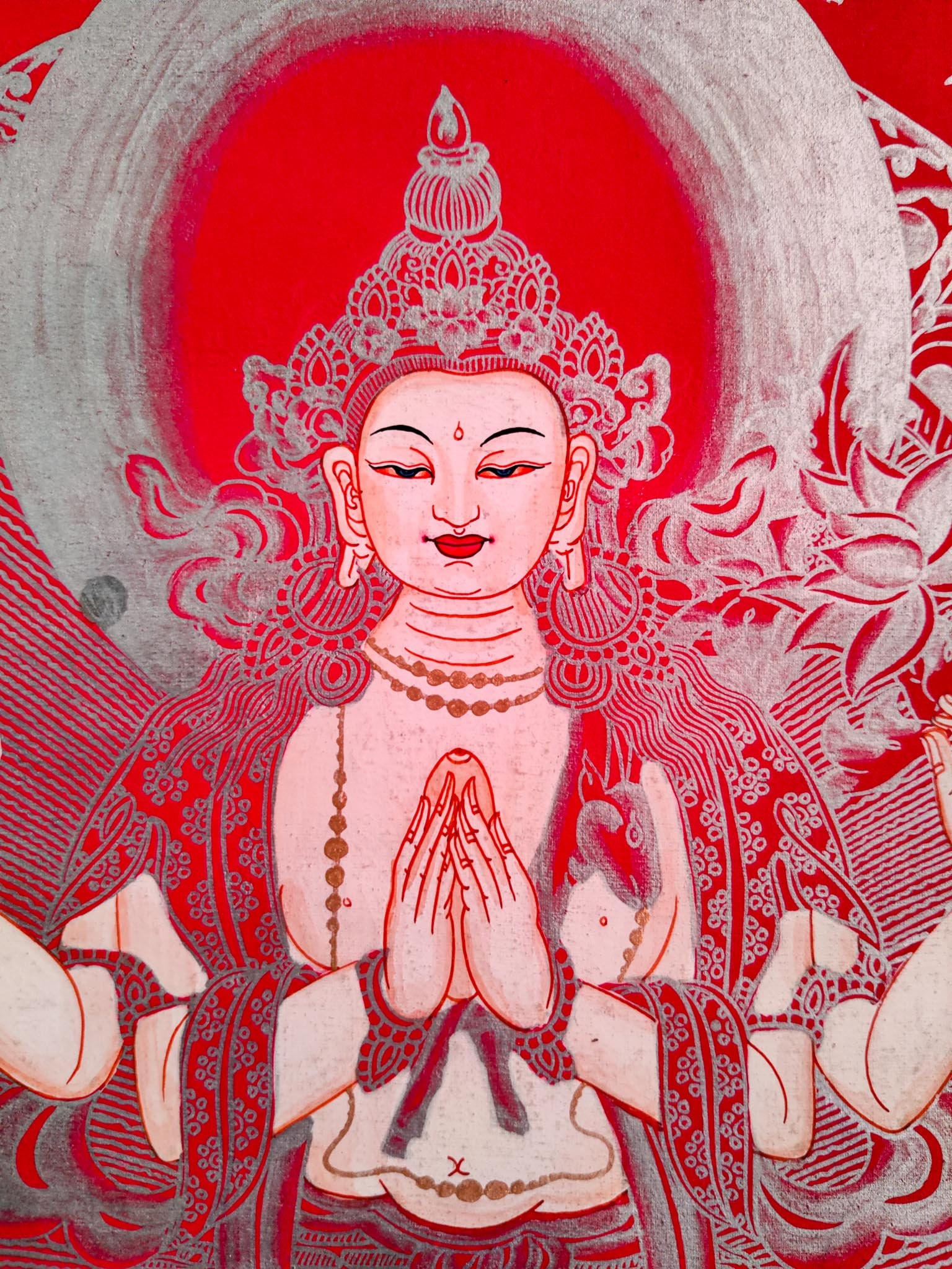Red & Silver Chenrezig - Lucky Thanka