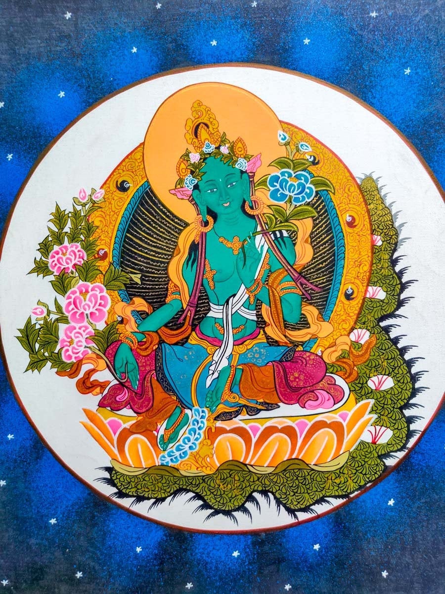 Green Tara in a lotus - Lucky Thanka