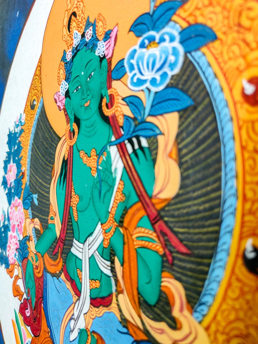 Green Tara in a lotus - Lucky Thanka