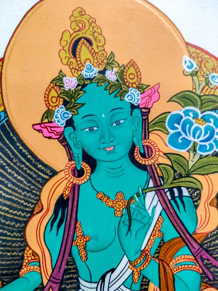 Green Tara in a lotus - Lucky Thanka