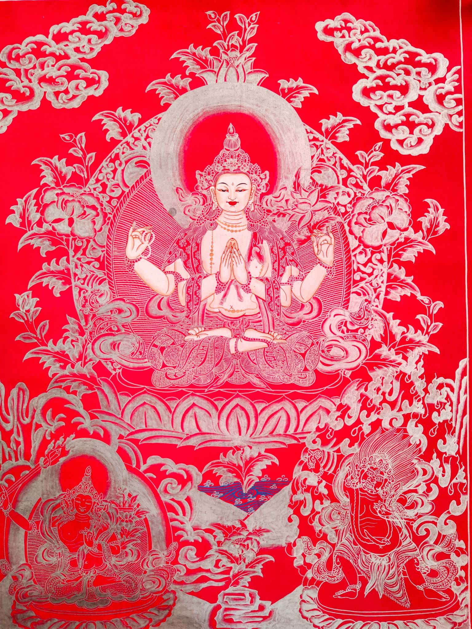 Red & Silver Chenrezig - Lucky Thanka