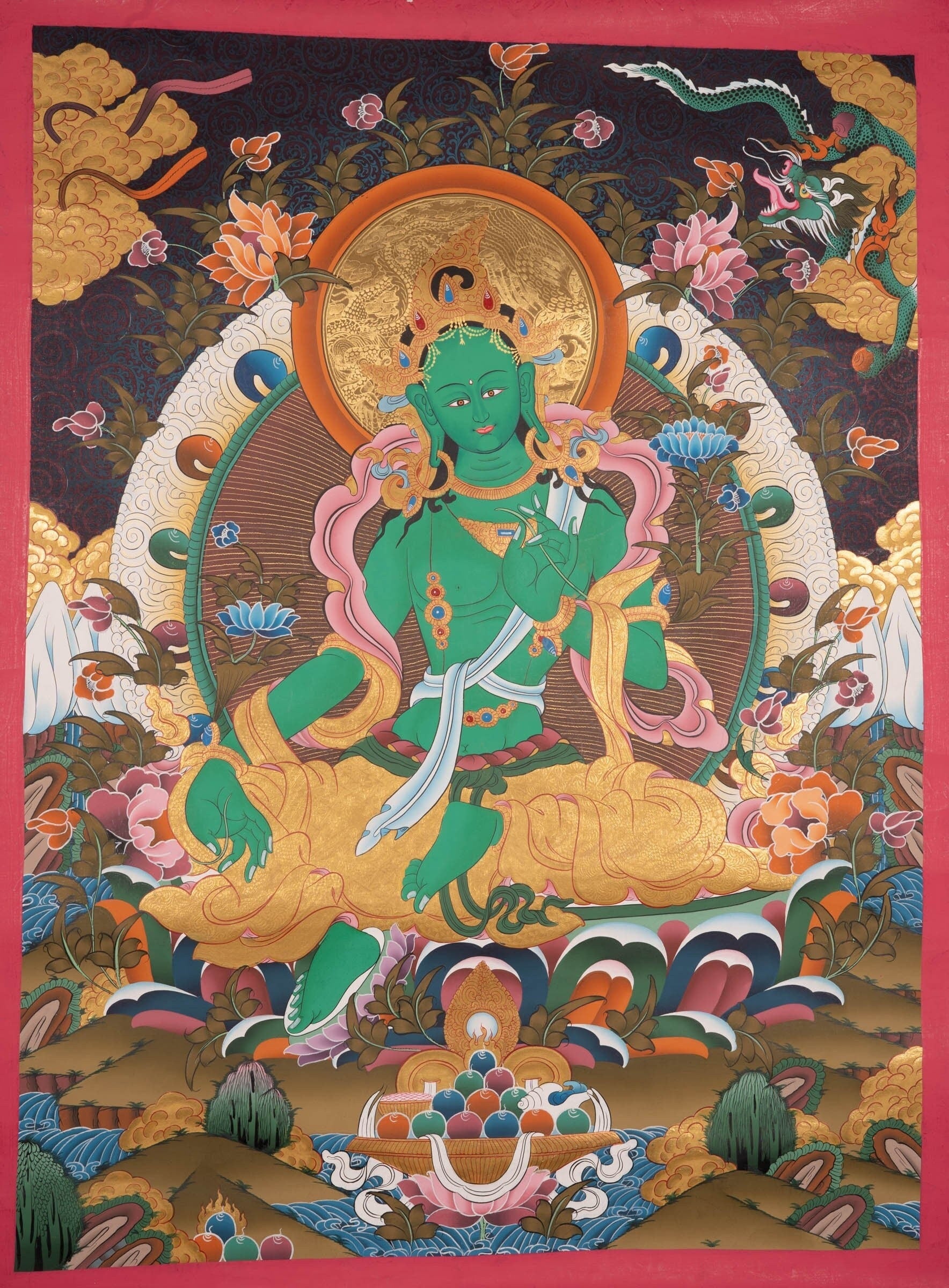 Beautiful Compassionate Green Tara Painting - Lucky Thanka