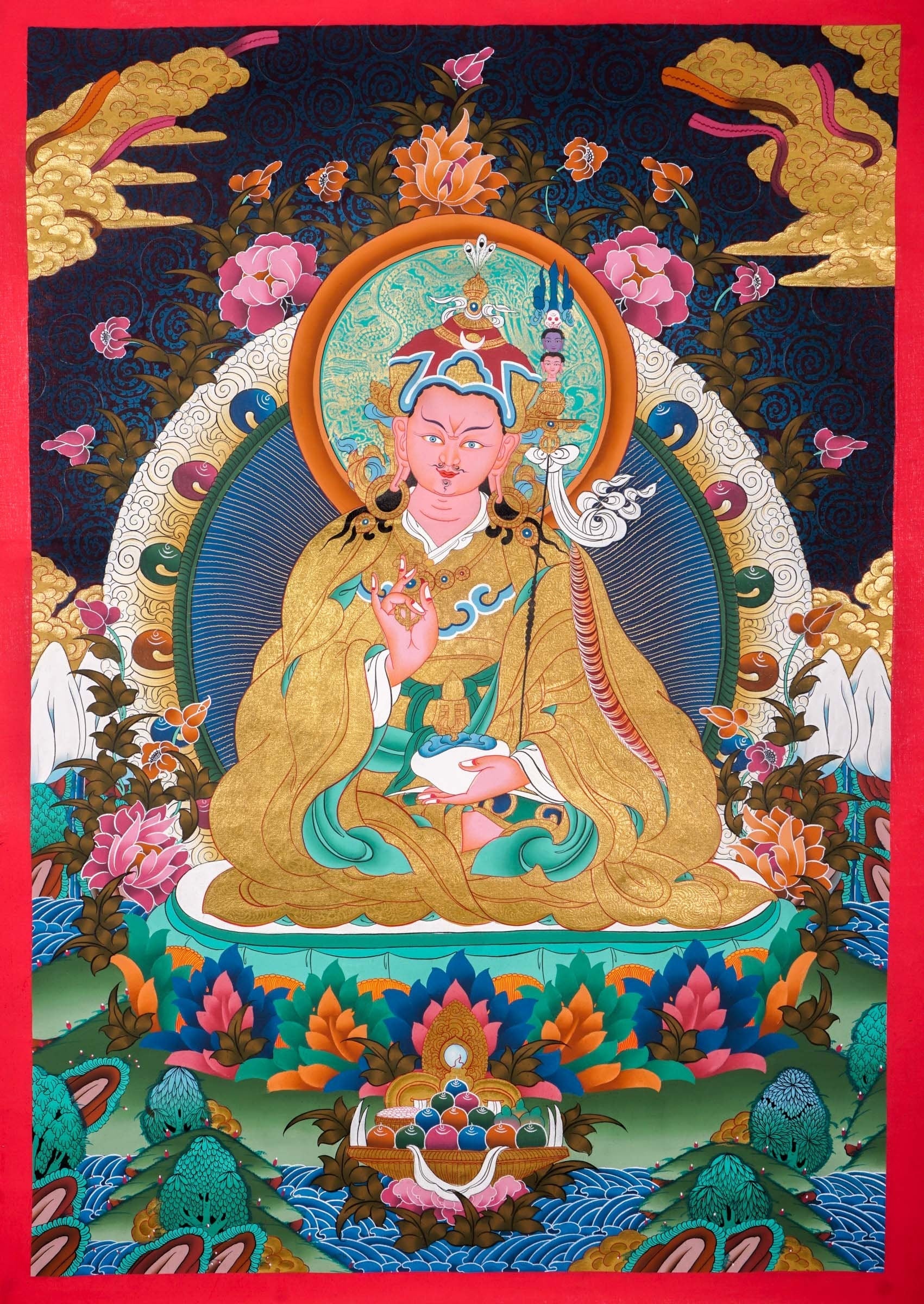Guru Rinpoche on a lotus flower wall art - Thangka Painting - Lucky Thanka