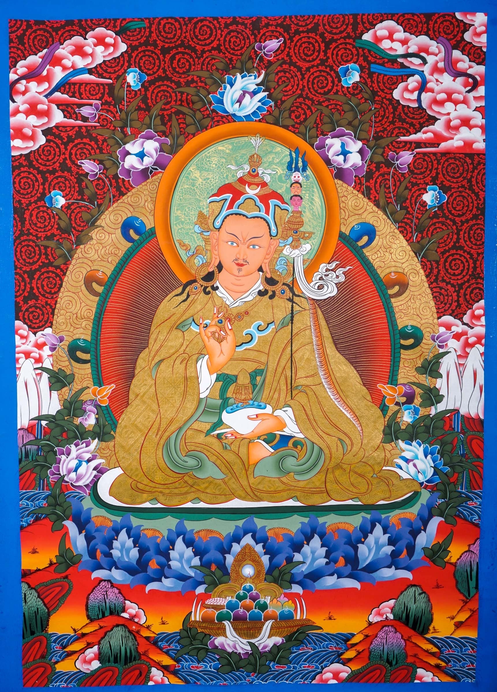 Guru Rinpoche on a lotus flower wall art - Thangka Painting - Lucky Thanka
